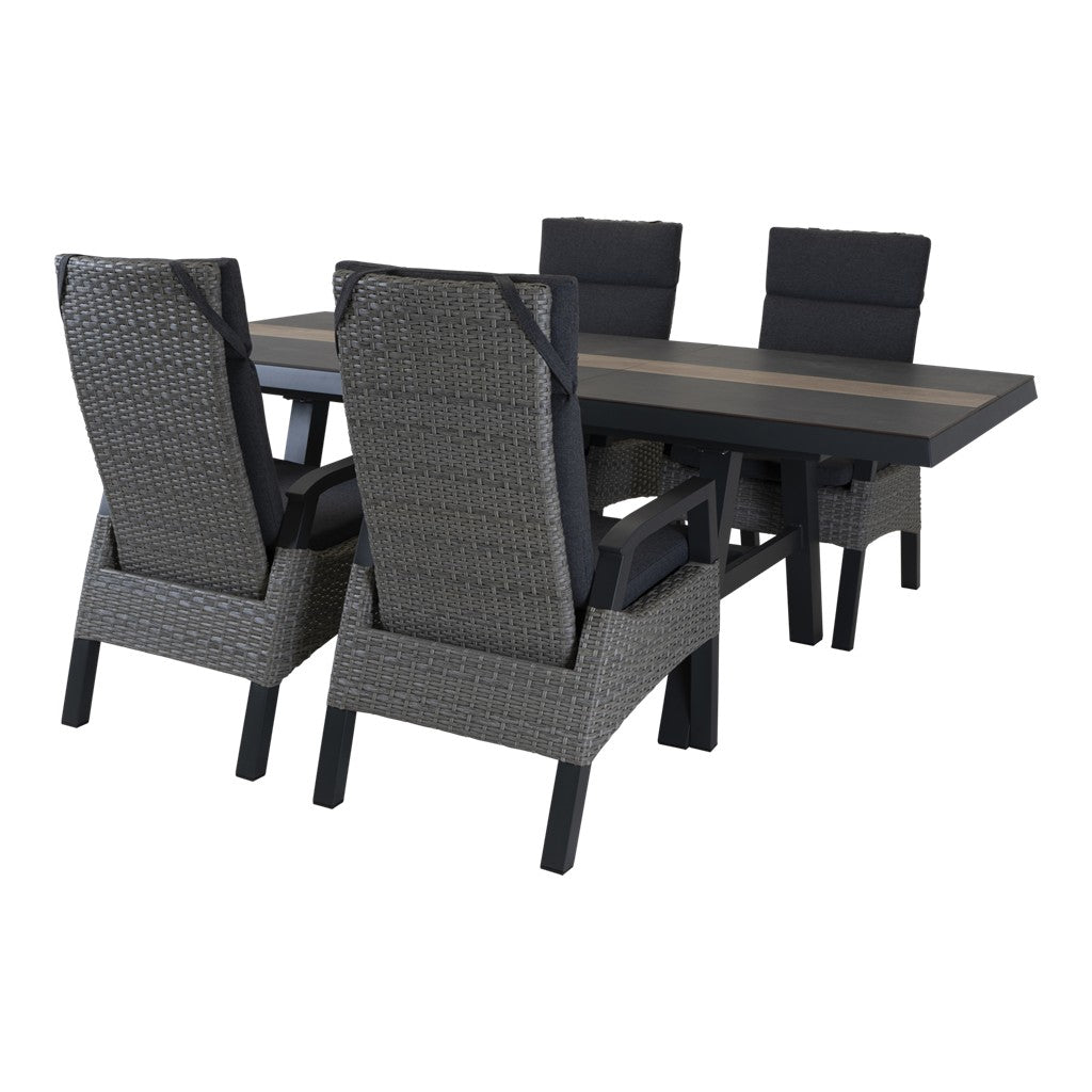 Uittrektafel met set grijze stoelen, rechthoekige tafel met beige inzetstrook