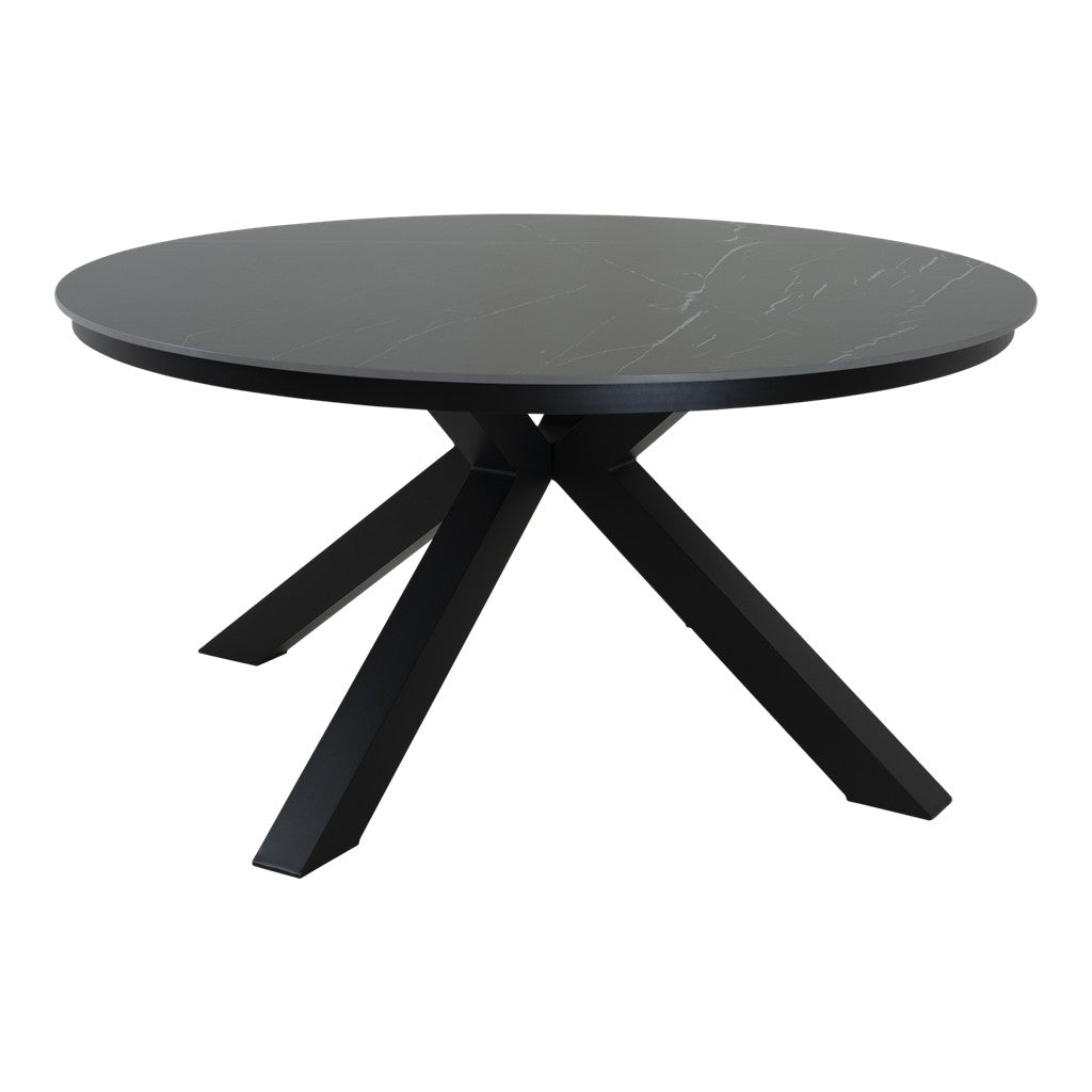 Ronde tafel met donkergrijs blad en conische zwarte poten met kruisvorm
