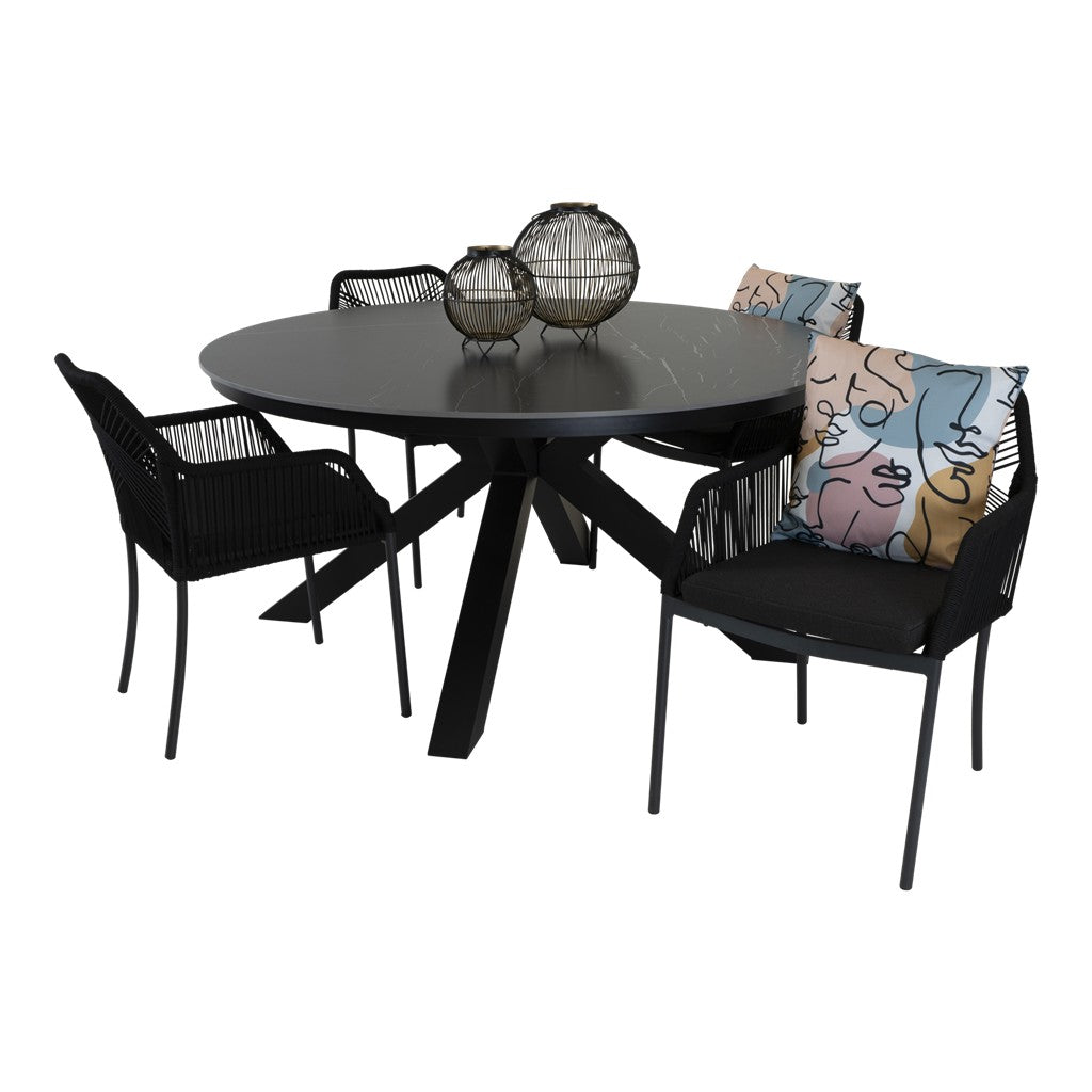 Ronde Portoro-tuintafel met grijs blad en zwart kruis-onderstel, Ø158 cm