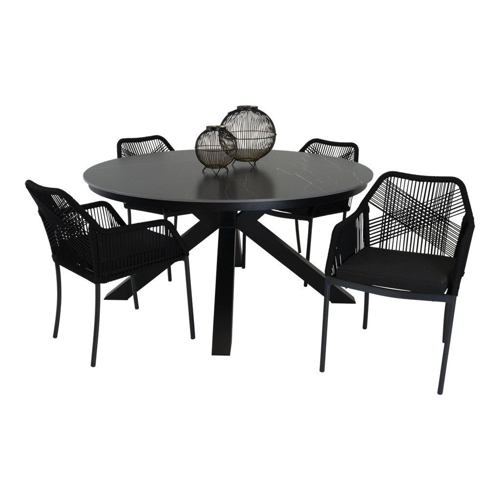 Ronde Portoro-tuintafel met grijs blad, zwarte poten en marmerlook
