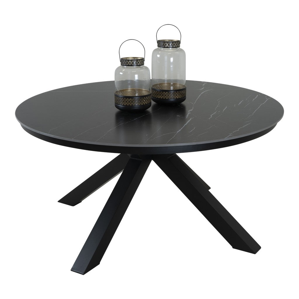 Ronde eettafel met donker geaderd blad en zwarte driepoot onderstel