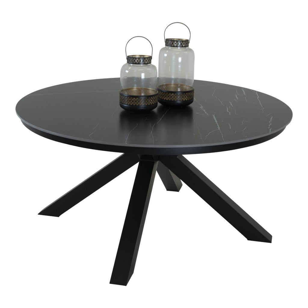 Ronde eettafel donkergrijs blad met fijne aders en zwart onderstel, servies op blad