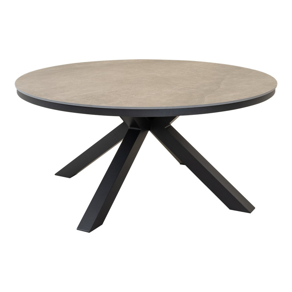 Ronde tafel met grijs betonlook blad en zwarte metalen kruispoten, Ø158 cm
