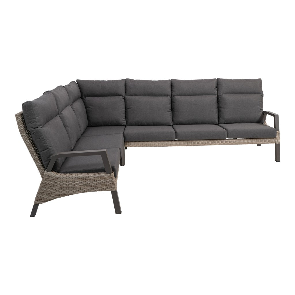 Loungehoekbank met donkergrijze bekleding, voetensteun en kunststof vlechtwerk