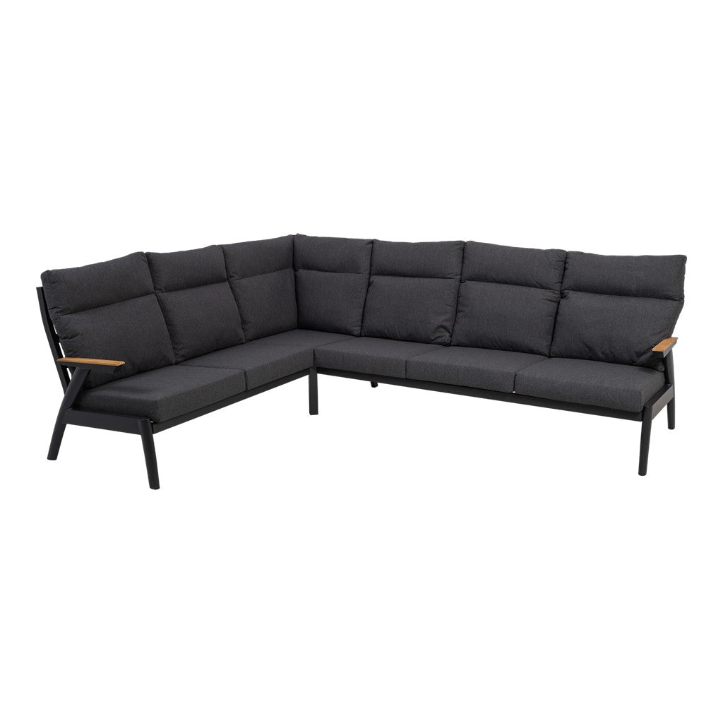 Zithoekset met donkergrijze hoekbank, aluminium frame en dikke kussens