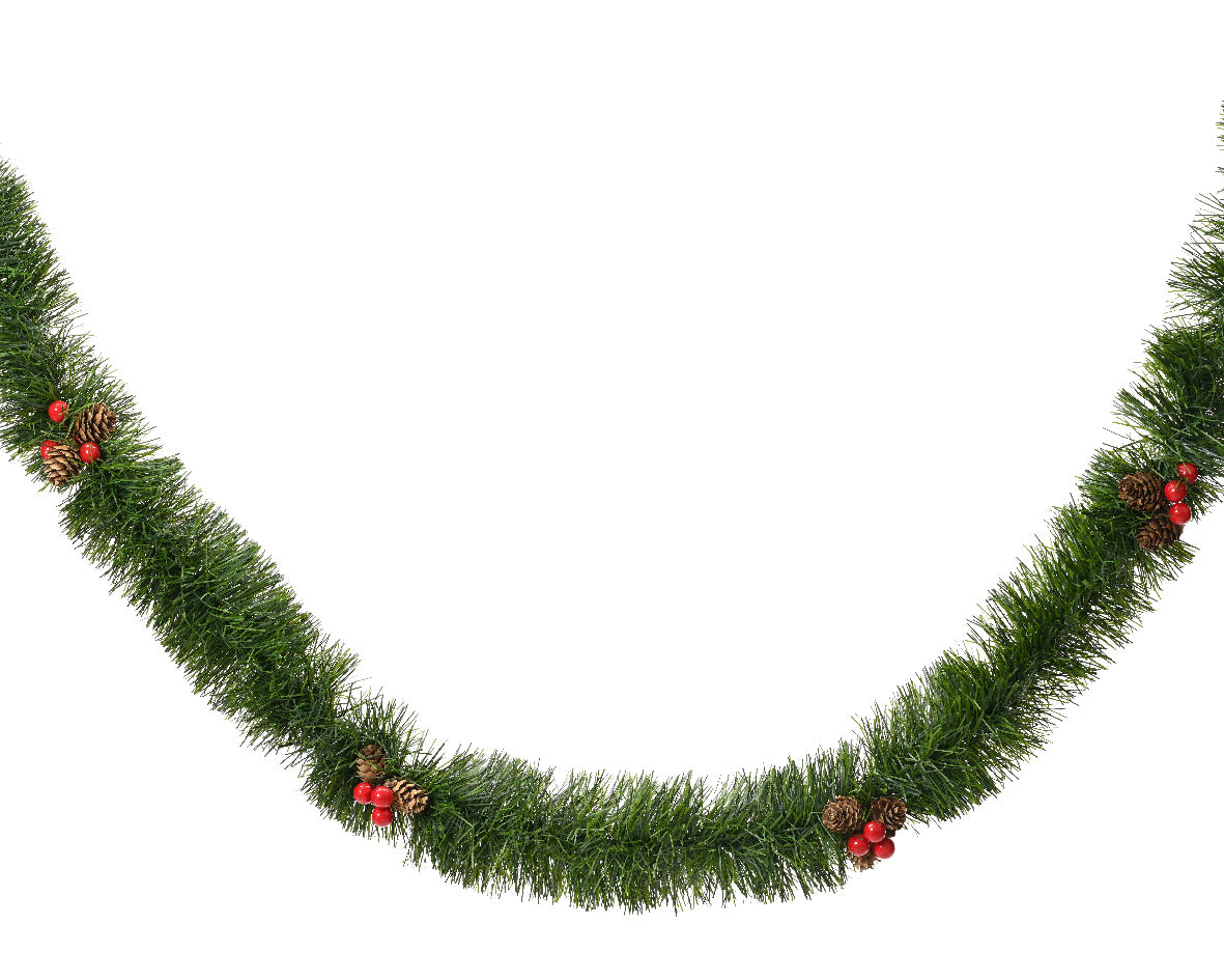 Groene pvc-slinger met dennenappels en rode bessen