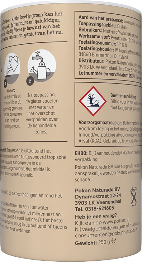 Pokon mierenkorrels-bus met zijvlak en veiligheids- en gebruikstekst