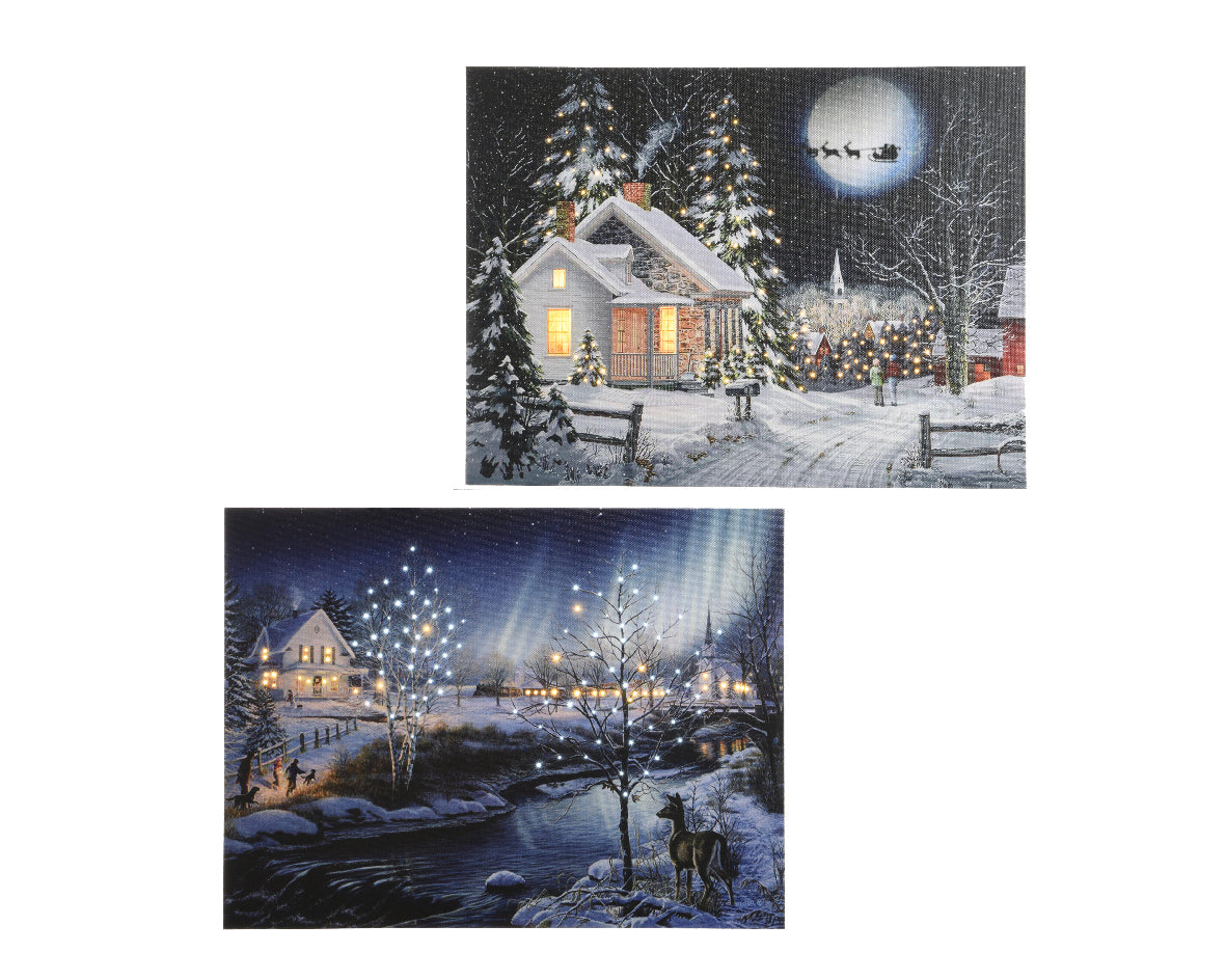LED-canvassets van PVC met winterhuisjes en lichtjes, 2 stuks.