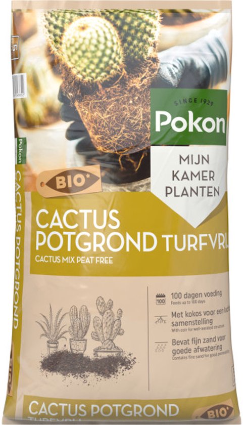 BIO cactus potgrond van Pokon, zak met label 'mijn kamerplanten' en 'turfvrij'