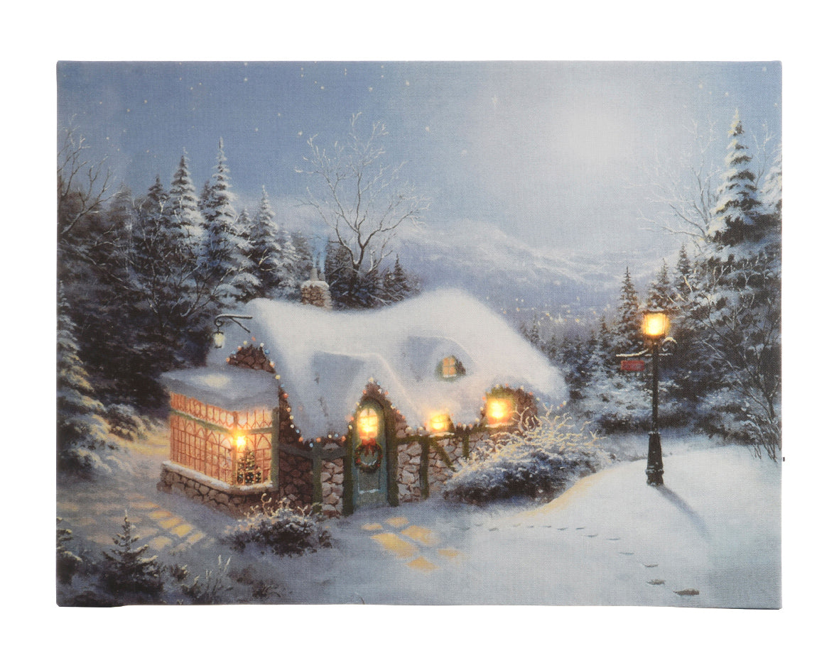 LED-canvas met besneeuwd pad, huis met warmlichtjes en kerststal-detail