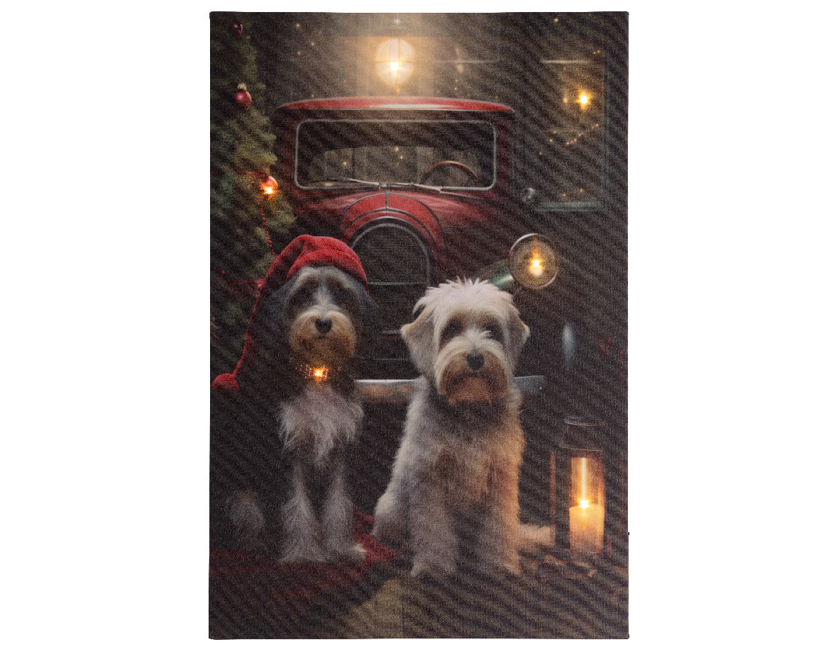 Rechthoekige canvas wanddecoratie met twee honden en warmkleurige LED-snoeren