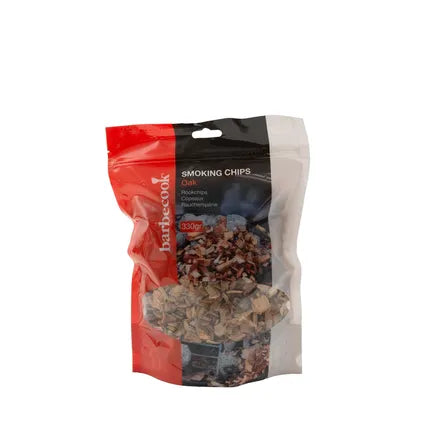 Barbecook rookchips in rode en zwarte hersluitbare zak met inhoud