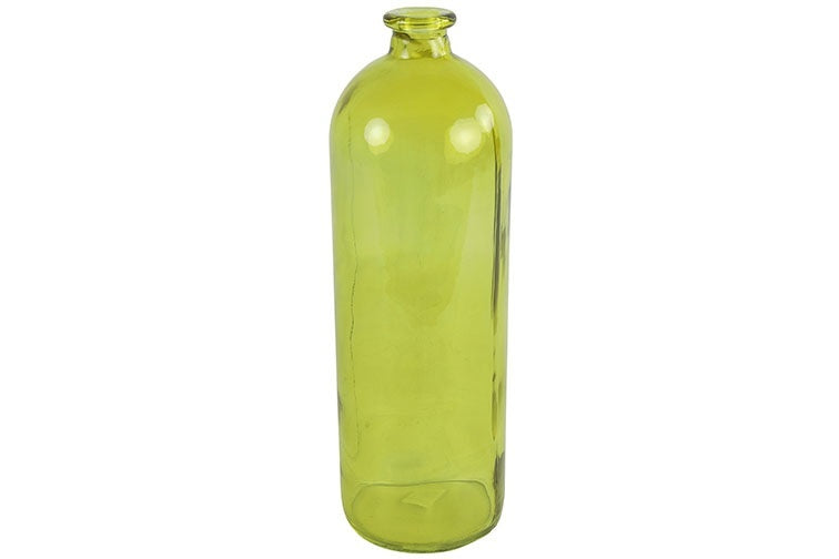 Gele glazen fles met schroefdop, hoge cilindrische vorm