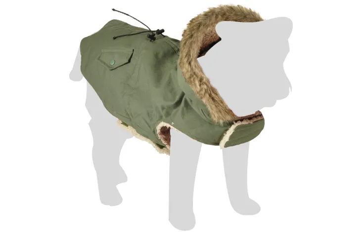 Groene winterjas voor hond met capuchon en bontkraag, koordsluiting