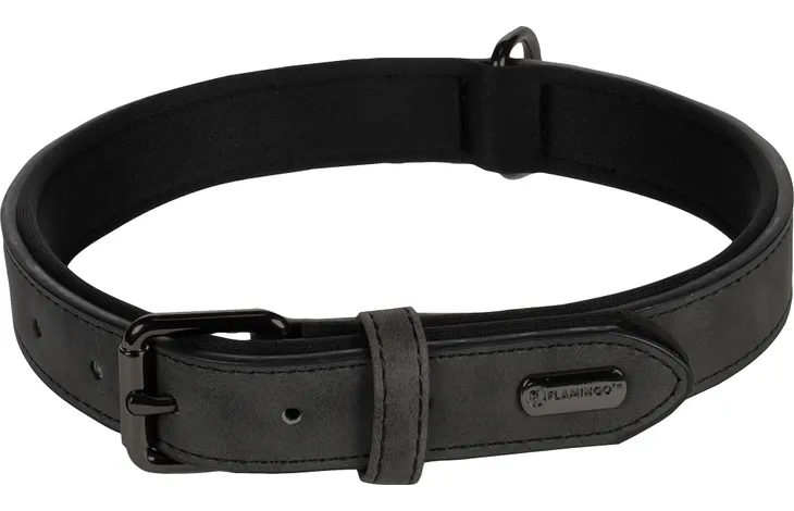 Zwart neopreen hondenhalsband met gespsluiting en Flamingo label