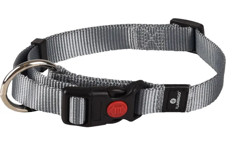 Grijze Flamingo halsband Ziggi met verstelgesp en rode veiligheidssluiting