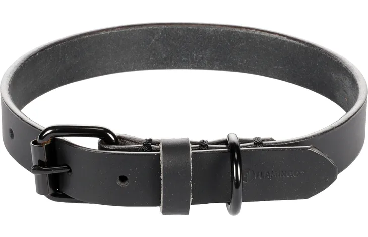 Flamingo zwarte halsband met gesp en metalen ring, verstelbare gaten