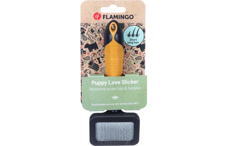 Flamingo Puppy Love Slicker hondenborstelverpakking met borstelkop
