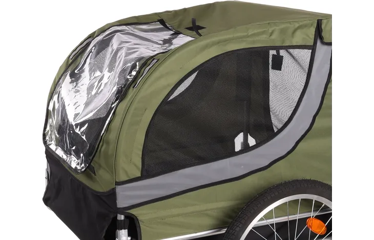 Groene fietskar met zwarte raamstrook en wit zijpaneel van mesh