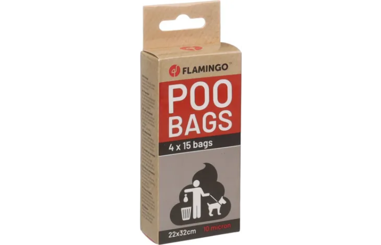 Flamingo Poo Bags doos met 4x15 zwarte poepzakken, 22x32 cm