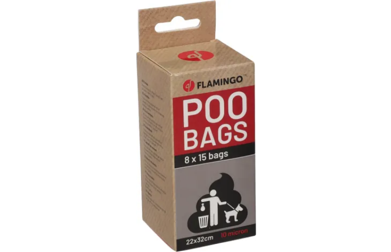 Doos met Flamingo Poo Bags poepzakken, 8 x 15 stuks, 22x32 cm
