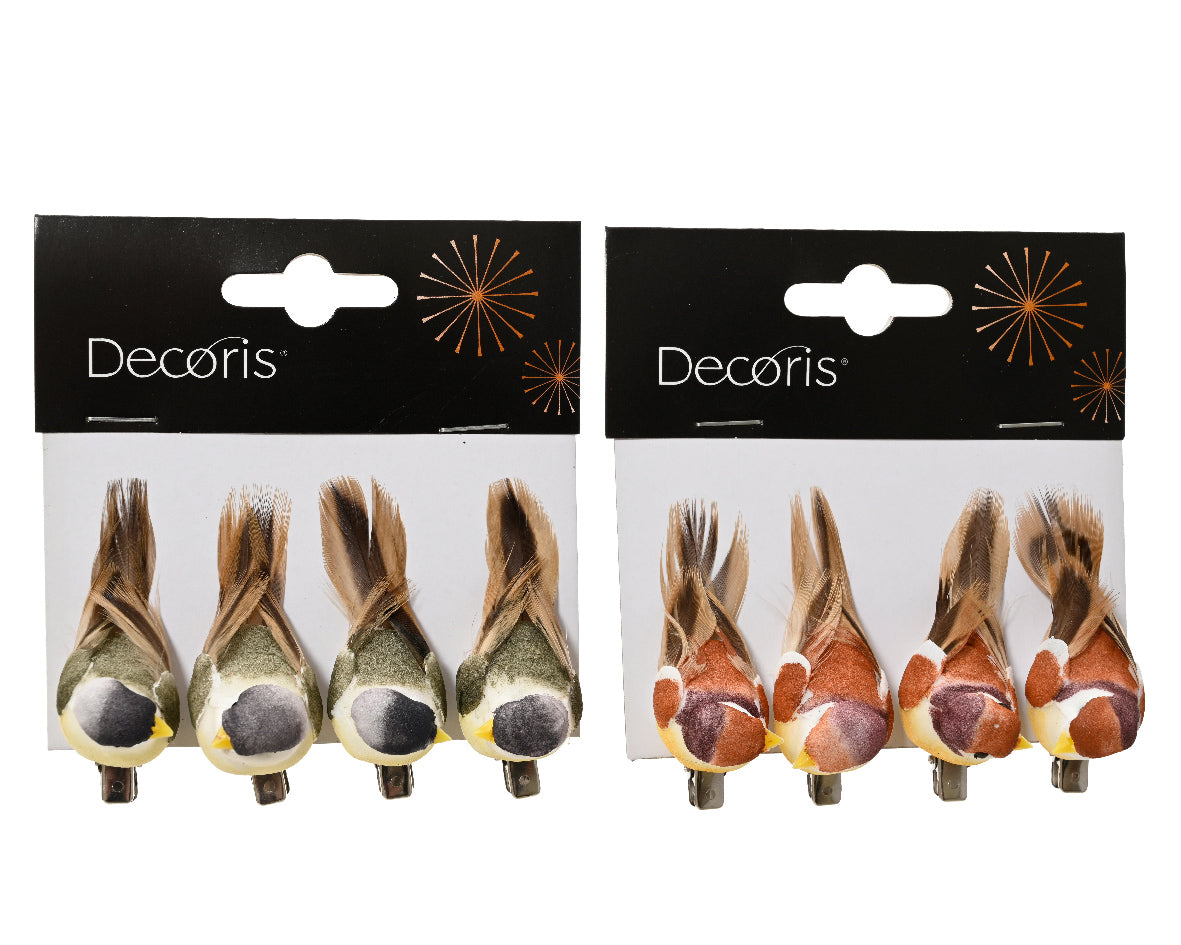 Decoris assortiment vogelveren op clips, 8 stuks op kaart met knijpers