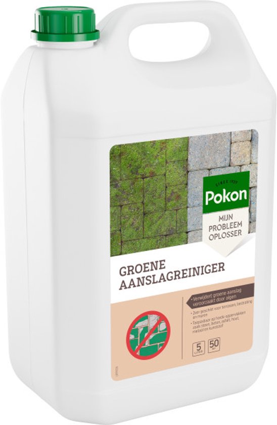 Pokon groene aanslagreiniger 5 liter: witte kanister met groene dop, schuine weergave