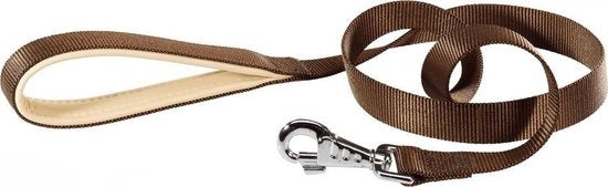 Bruine nylon hondenlijn met metalen gesp en ring, lengte 120 cm, breedte 1,5 cm