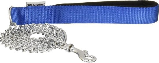 Ferplast kettinglijn met blauwe nylon band en zilverkleurige stalen ketting, haaksluiting