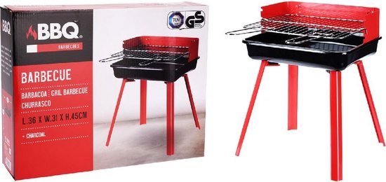Barbecue-verpakking met afbeelding van compacte rode barbecue en zwart rooster