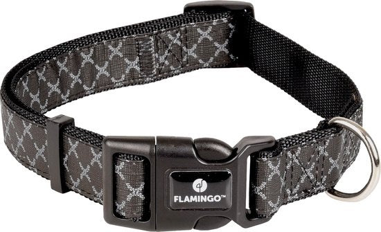 Flamingo Odin hondenhalsband met grijs patroon, zwarte gesp en metalen ring