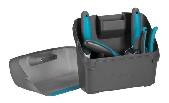 Opbergbox met tuinaccessoires: blauwe handgreep gereedschappen in grijs
