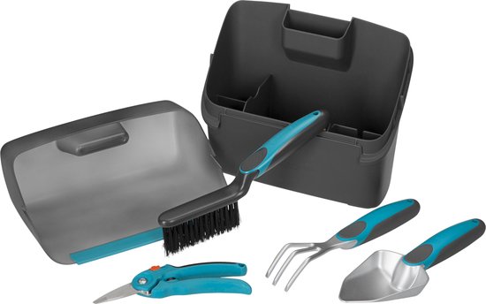 Tuinset met grijze opbergbox en blauwe/zwart tuinaccessoires