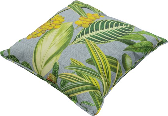 Sierkussen met tropische blad- en bananenlookprint op lichtgrijze hoes, groene bies