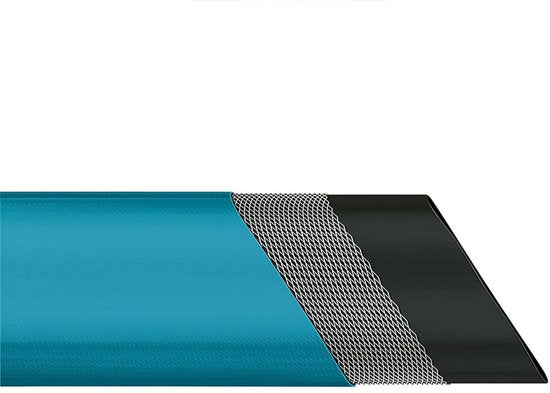 Turquoise platte slang met versterkingsweefsel en zwarte beschermstrook.