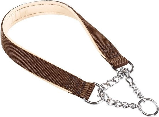 Bruine nylon hondenhalsband met metalen ketting en musketonhaak