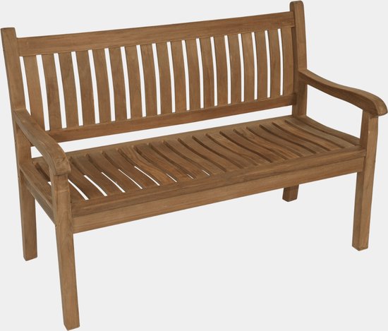 Teak tuinbank met gebogen armleuningen, lattenrug en lattenzitting