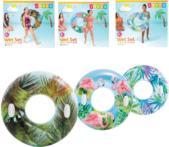 Opblaasbare zwemband set op verpakking: palmenprint, flamingo’s en tropische bloemen