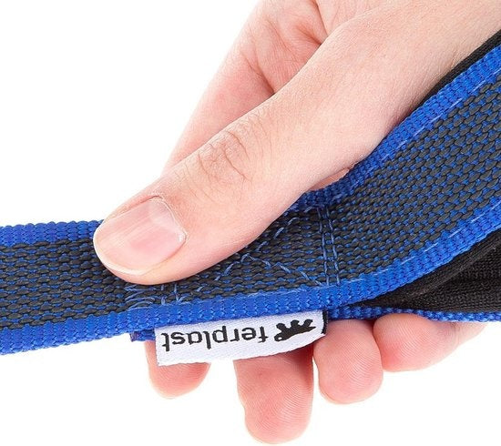 Hondenriem met blauwe band en witte FERPLAST-label, in hand vast