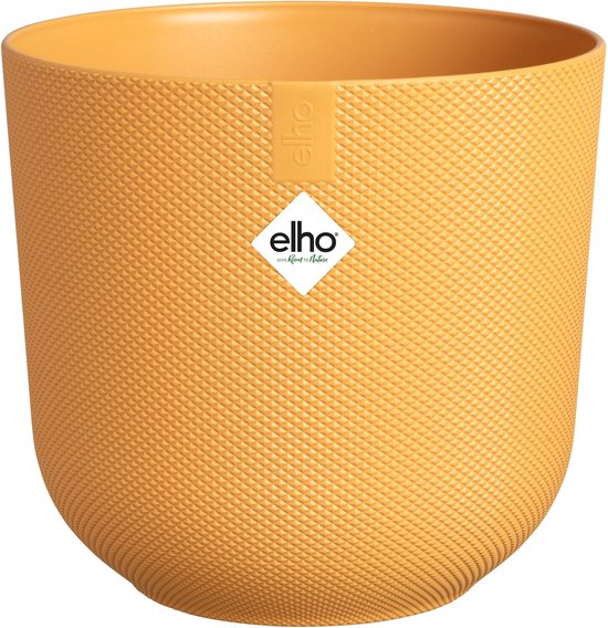 Ronde Elho bloempot in ambergeel met reliëfstructuur en logo