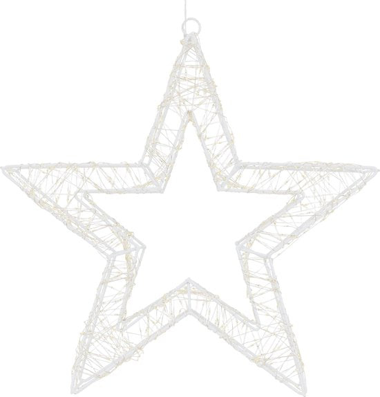 Hangende witte metalen kerstster met warmwitte ledverlichting, stervormig lichtdecor