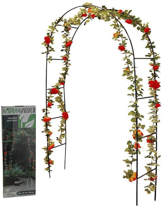 Sierboog met zwarte metalen frame en rode kunstrozen met groen ranken
