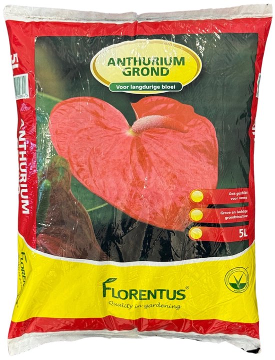 Anthurium potgrond 5 liter zak, Florentus, met rode bloemillustratie