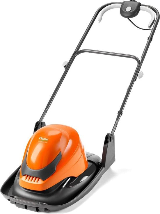 Luchtkussenmaaier met oranje maaikap en zwarte steel, vooraanzicht.