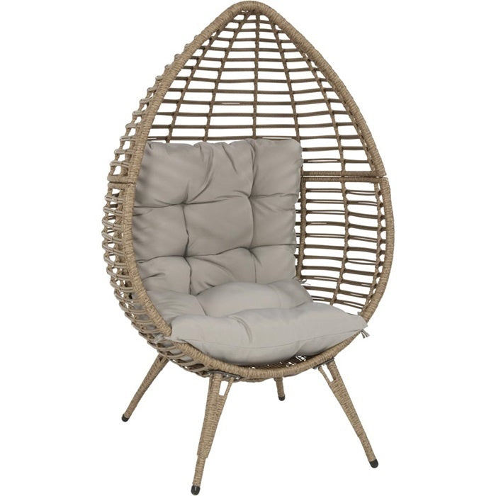 Relaxstoel Chill Straw met grijze kussens en rotan eivormig frame