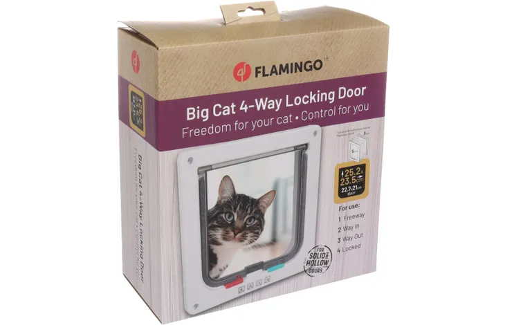 Verpakking van Flamingo kattenluik met 4-standen en vergrendeling