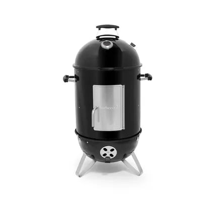 Barbecook Oskar M rookoven in email zwart met glazen deur en driepoot.