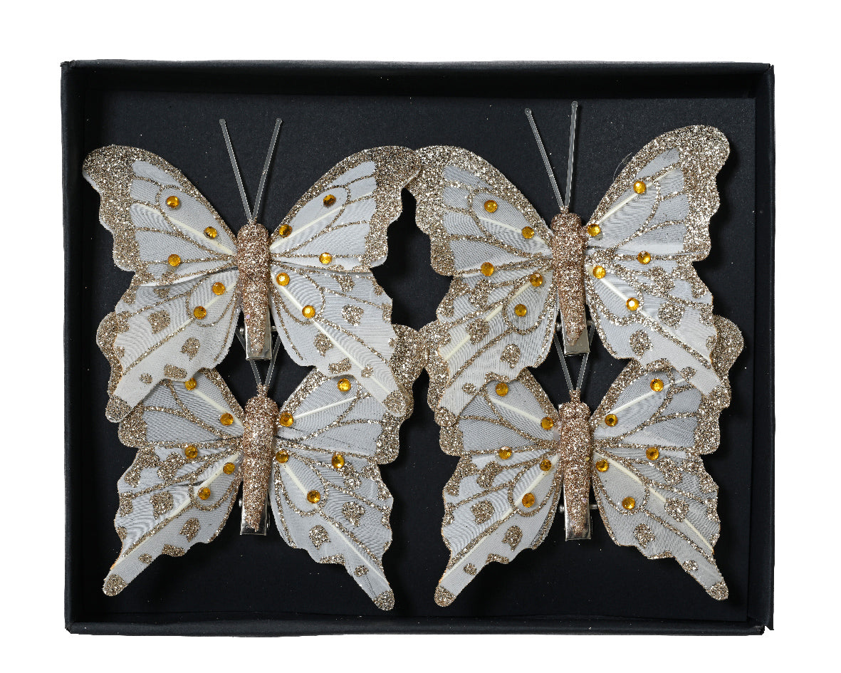 Vlinderveer haarclips in goud en wit, set van twee, met clips onderaan