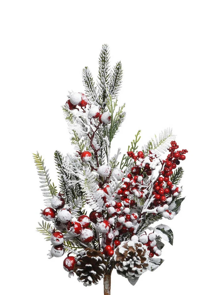 Decoratieve kersttak met rode bessen, dennenappels en besneeuwde groene takken (30 cm) Everlands