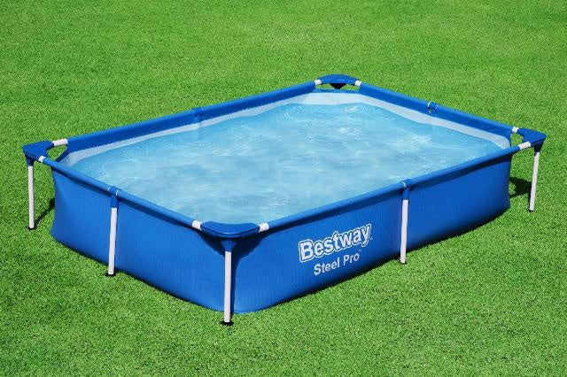 Blauw rechthoekig opzetzwembad Bestway Steel Pro met opstaande randen en metalen frame